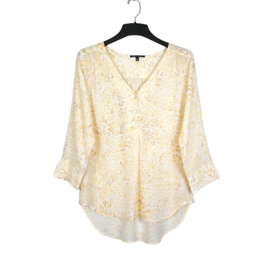 Como Black Top M L Yellow White V-Neck Button Front Leopard Print Relaxed Flowy